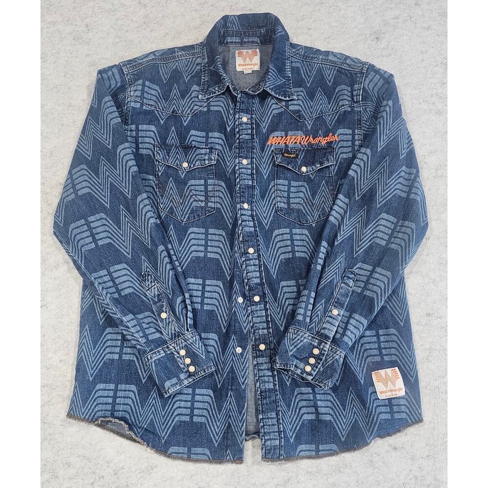Wrangler WHATAWrangler  Pearl Snap Button Shirt, Denim, Jean, Collab, Mens Sz L